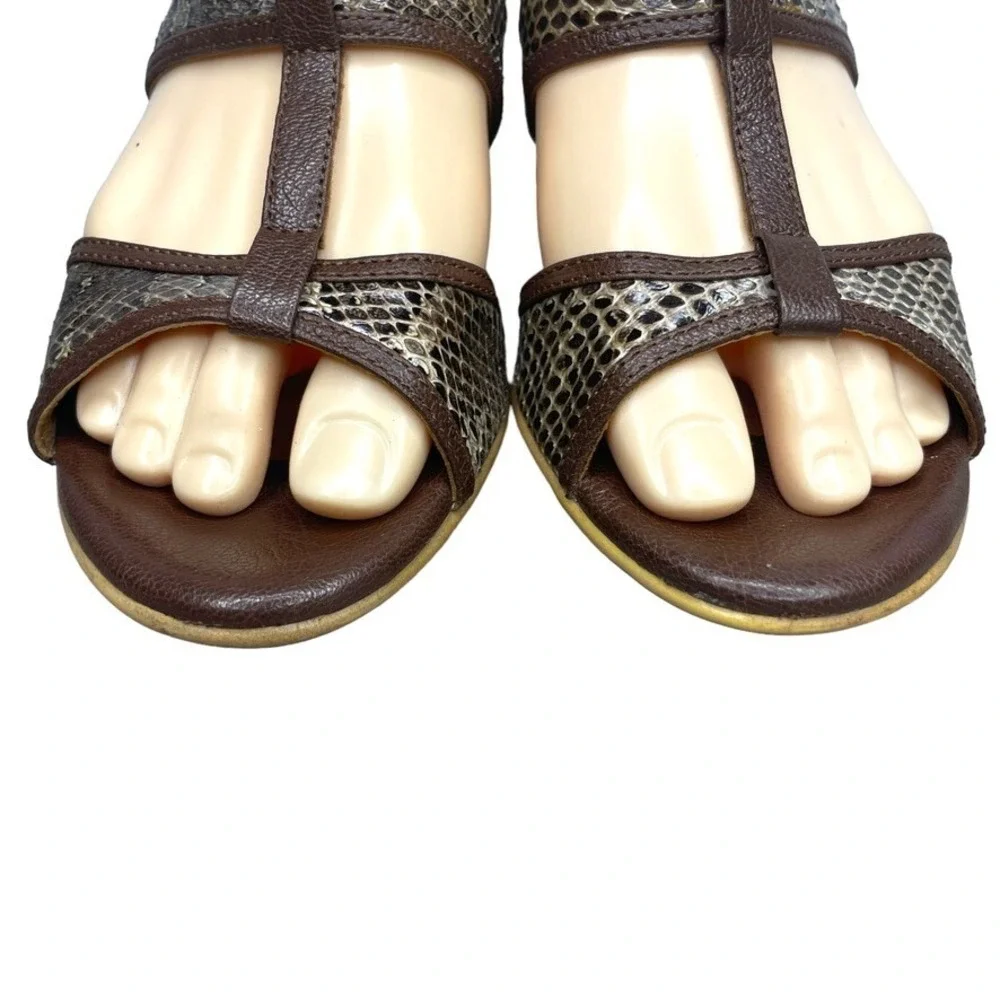 Sofft Brown Leather Snakeskin Print T Strap‎ Heeled Sandals Slides Size 7.5 M